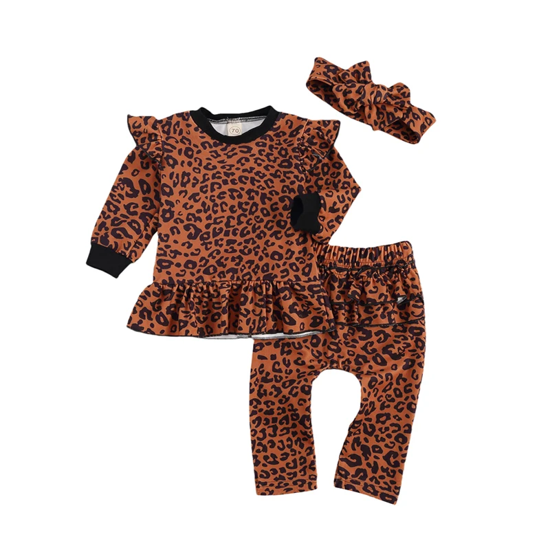 

Pudcoco 3 Piece Top Pants Bow Headband Suit Ruffles Decorated Leopard Printed Full Length Regular Sleeve Round Neck Sets