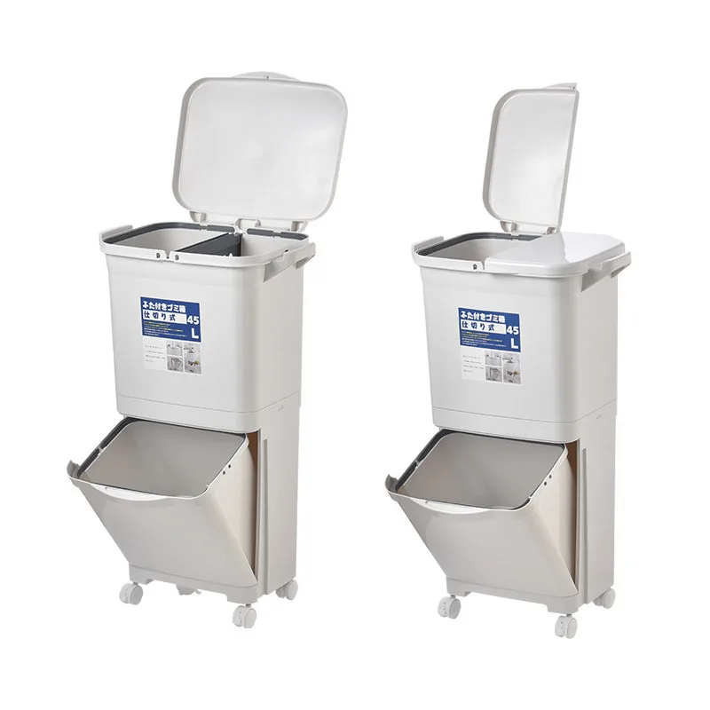 

Kitchen Trash Can 2 Layer Recycle Bin Sorting Household Dry And Wet Separation Waste Bin Classification Rubbish Bin with wheel
