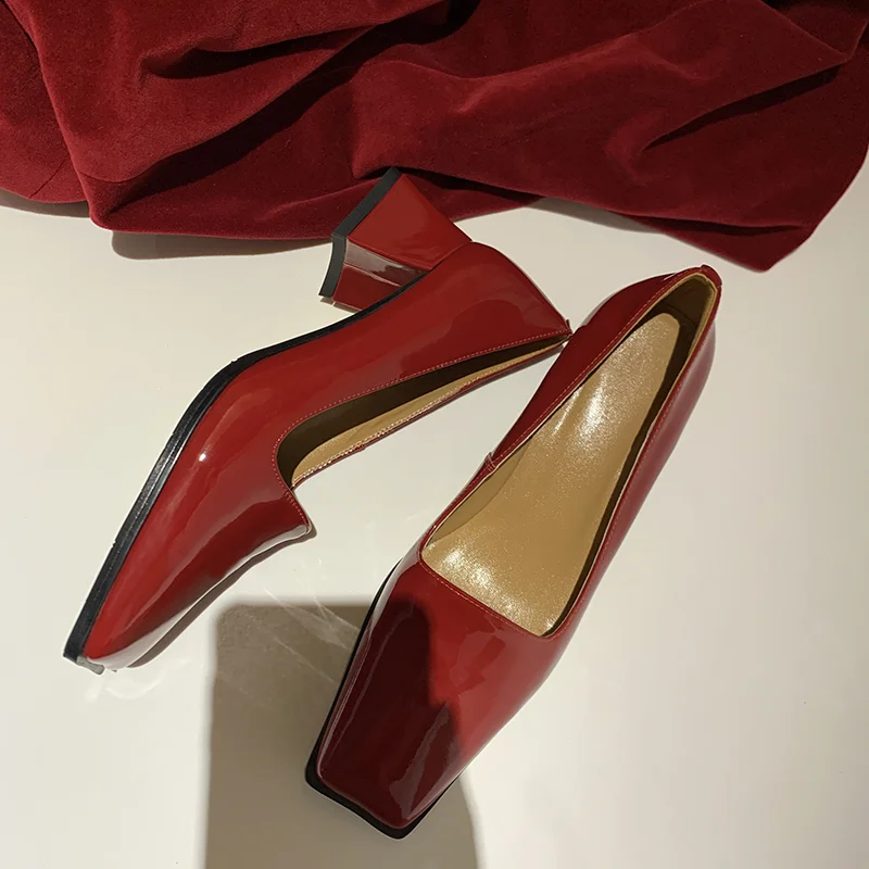 

QZYERAI Square Toe Slip On Women Shoes Genuine Leather Shallow Ladies Shoes Spring Autumn Concise Square High Heels Size34-40