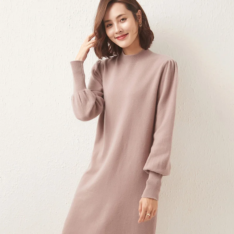

SZDYQH Turtleneck Sweater Dress Women 2021 Autumn Winter Warm Long Dress Elegant 100% Wool Knitted Pullover Long Sleeve Dresses