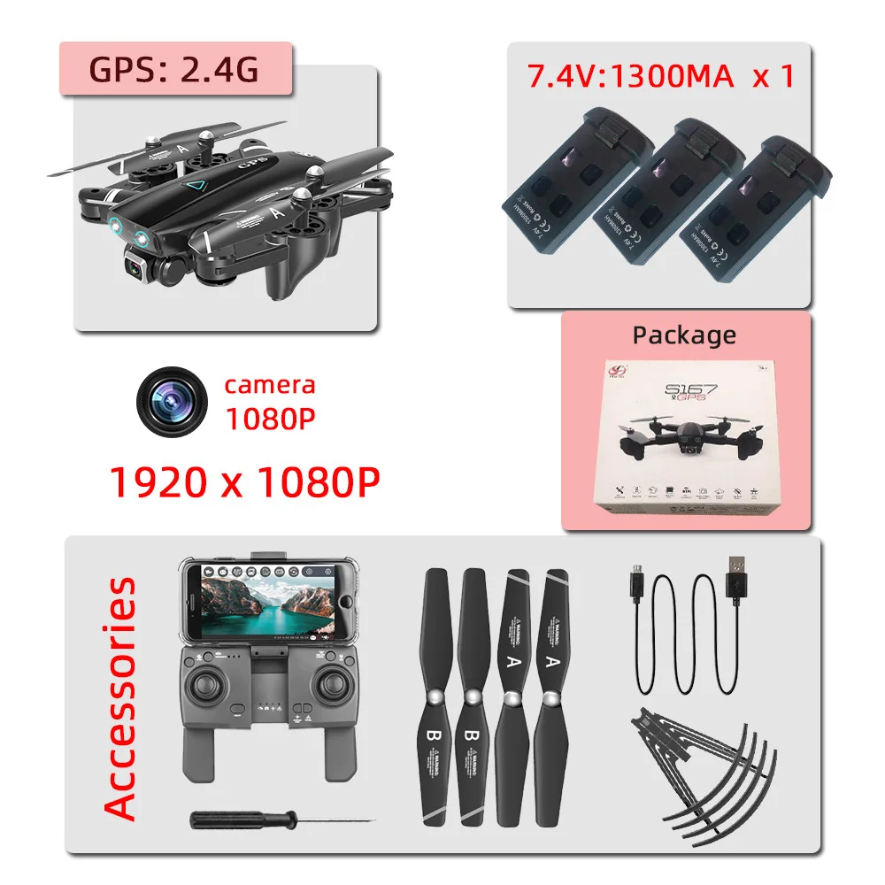 2.4G-1080P-3B-box S167 5G 2,4G gps 4K Дрон профессиональные игрушки дроны, Радиоуправляемый вертолет с камерой HD игрушка Квадрокоптер juguetes квадрактор 론 - Цвет: 2.4G-1080P-3B-box