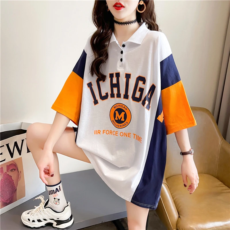 

Women's T-Shirts Casual Cotton White Orange Letter Print Polo Collar Tops Graphic Designs Tee Shirt Short Sleeve Splicing Shirts