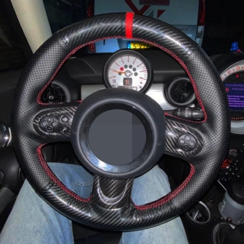 

DIY Car Steering Wheel Cover Hand-Stitched Non-slip Black Genuine Leather Carbon Fiber For Mini Cooper S one 2011