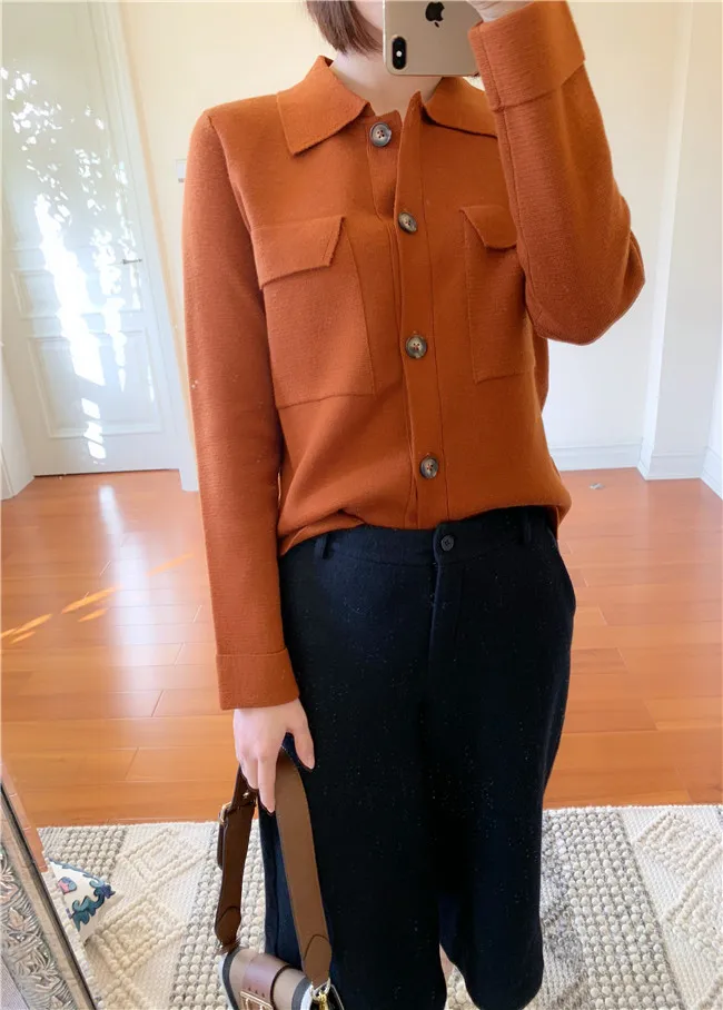 Женский вязаный кардиган шерстяной свитер с отложным воротником и двумя