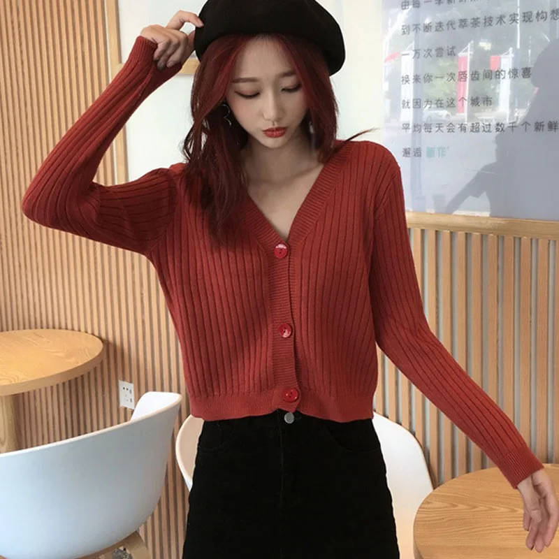 

Women's V-Neck Long Sleeve Knitted Cardigan Tops Female Casual Simple Single Breasted Solid Short Style Sweater Knitwear