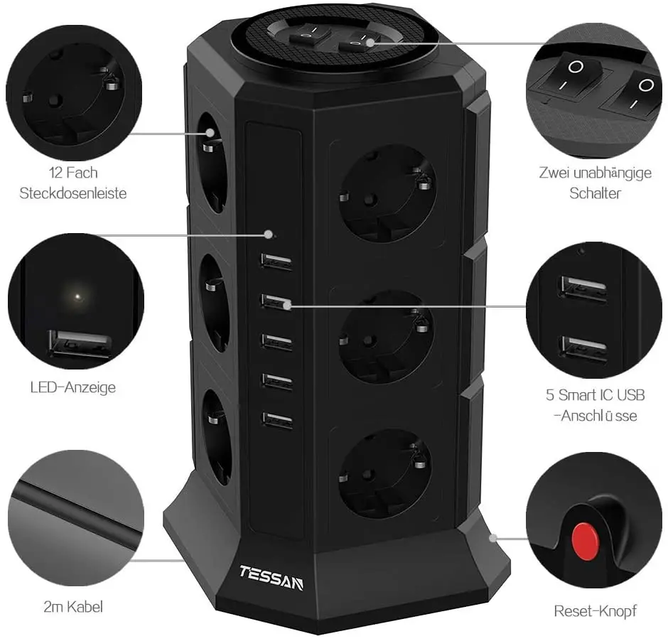 Удлинитель TESSAN с несколькими розетками 12 розеток 5 USB-портов | Электроника