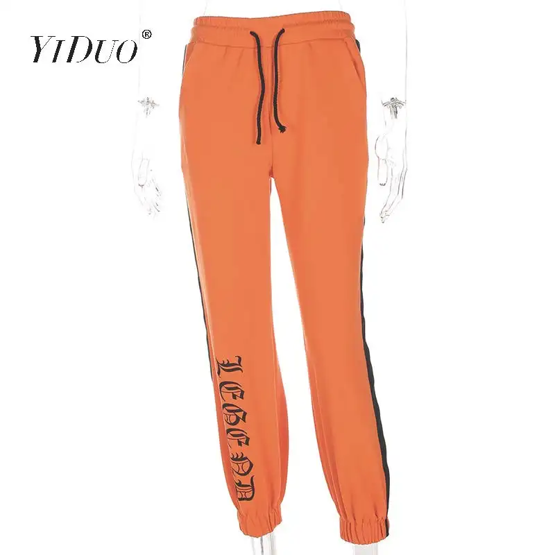 

YiDuo Women Winter Letter Print Sweatpants Striped Side Casual Drawstring Orange Trousers Femme Pantalon Hip Hop Street Pants