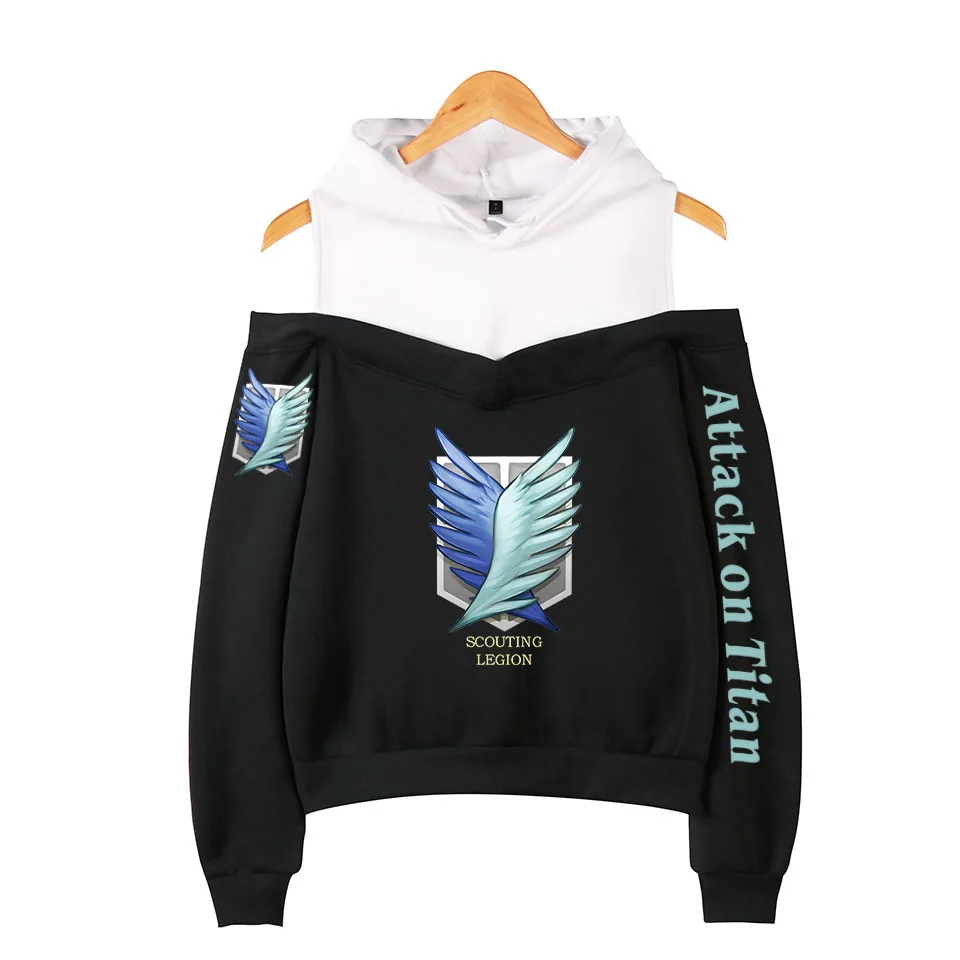 

2021 Anime Attack on Titan Women Off Shoulder Hoodies Sweatshirts Harajuku Fashion Sexy Off Shoulder Tops Female Clothes Cosplay