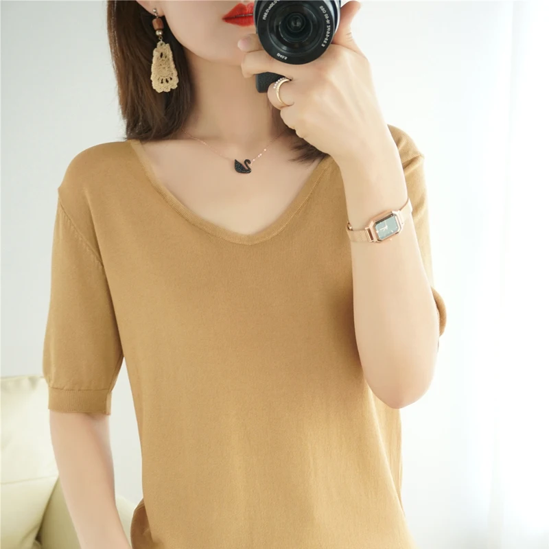 

Thin Cotton Short-Sleeved Women Summer New Ice Silk Loose Knit T-Shirt Solid Color Wild V-Neck 2021Large Neckline Base Shirt Top