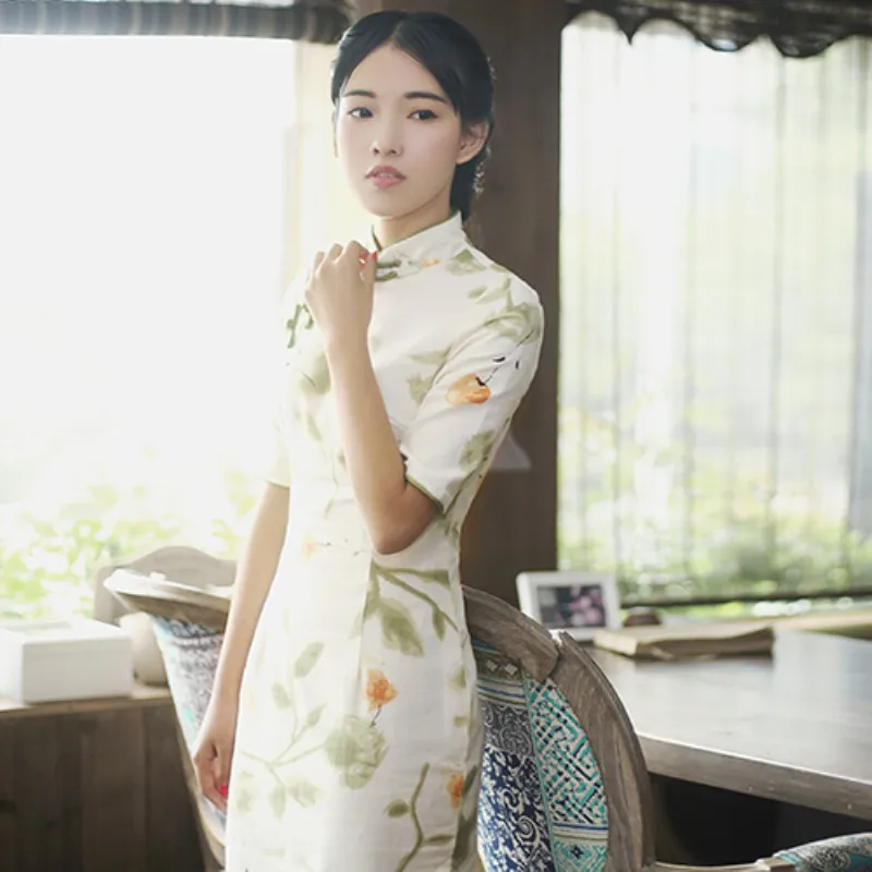 Половина метра цветочный принт хлопок лен ткань для платья рубашка cheongsam летняя