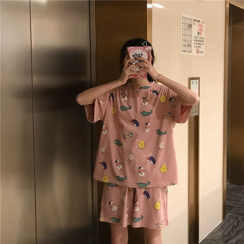 Летние женские пижамные комплекты с коротким рукавом Женская милая свободная