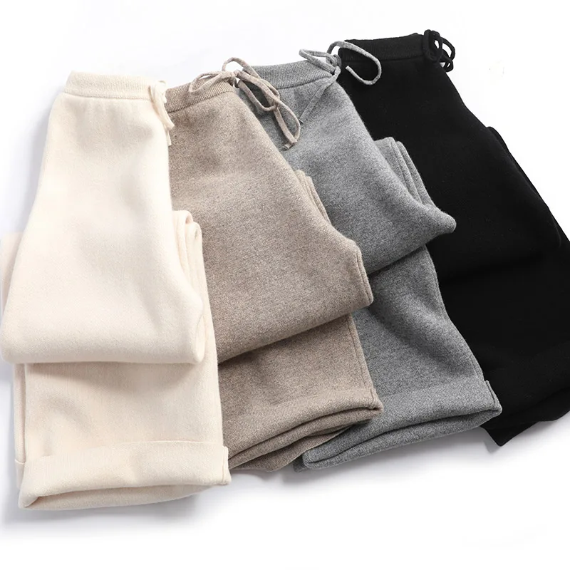 Женские брюки из 100% чистой шерсти трикотажные с эластичным поясом плотные теплые