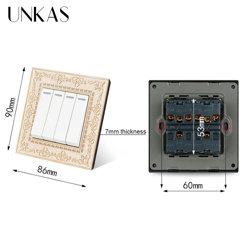 UNKAS 4 Gang 1 Way / 2 настенный светильник переключатель вкл./выкл. Серая 4D панель для
