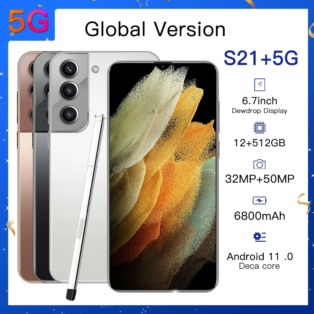 

Galax S21+ Top Quality Smart Phone 6.7 Inch Android 11.0 16GB RAM 512GB ROM Dual Sim Unlocked Mobile Phone MTK 6799 Deca Core