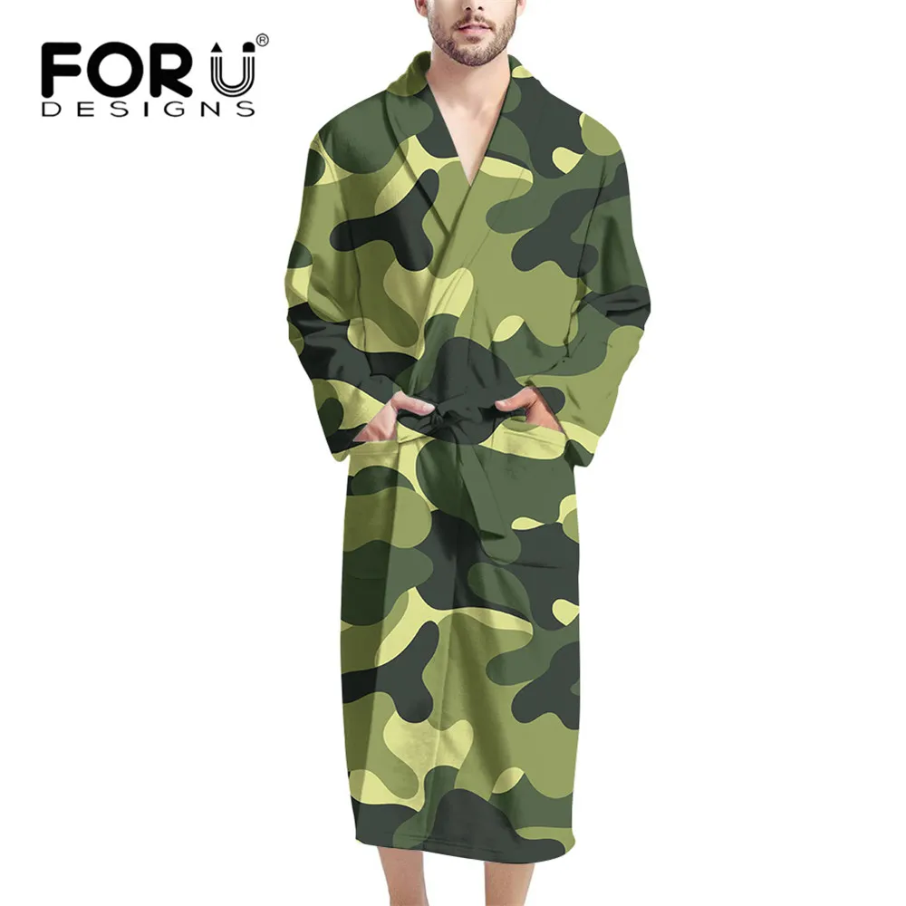 

FORUDESIGNS/камуфляжные мужские Халаты, длинная теплая фланелевая ночная рубашка для отдыха, домашняя одежда с карманами, плотная теплая одежда ...
