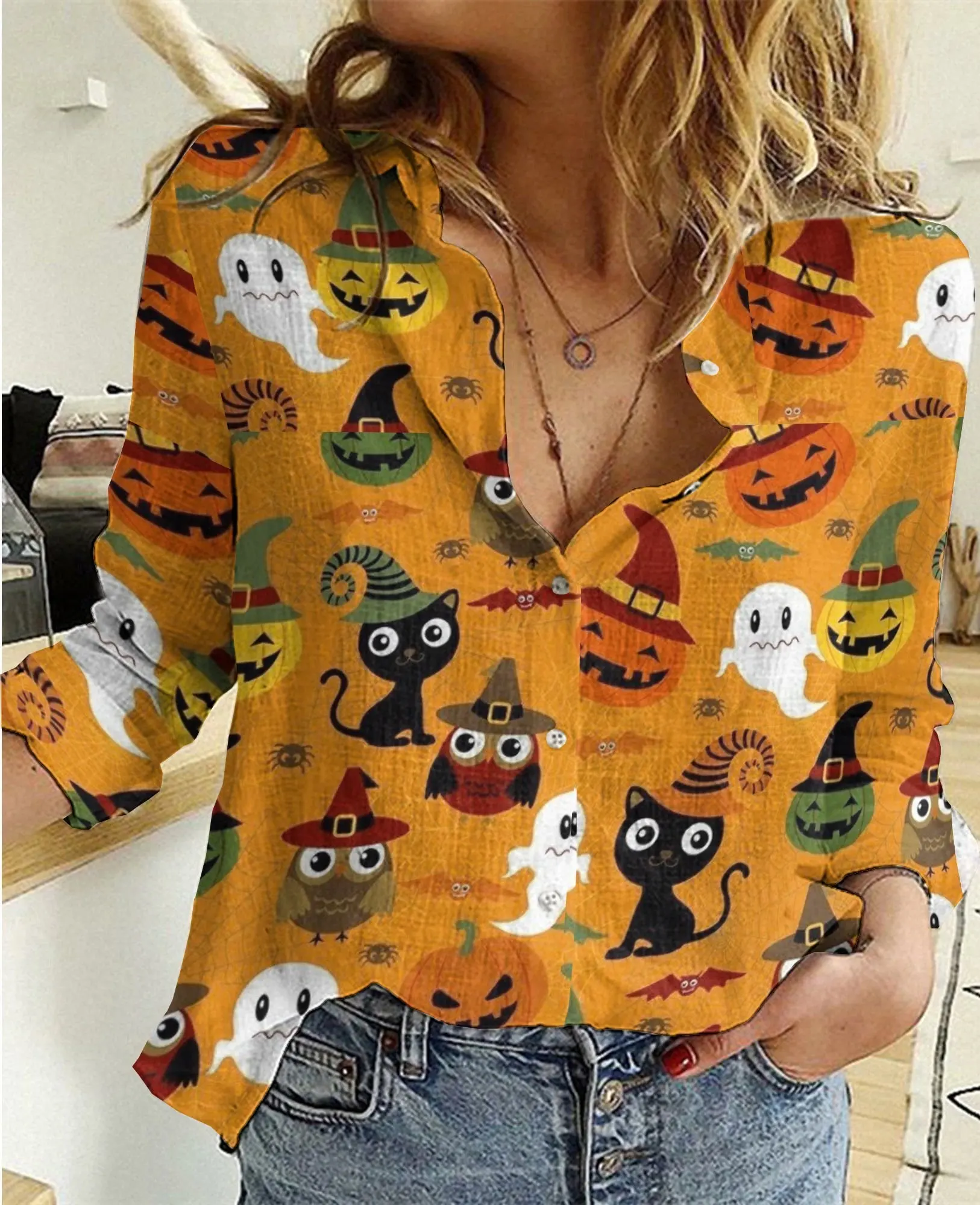 

Halloween themed costume Orange Cat And Pumping Casual Custom Design Long Sleeve Woman Shirt