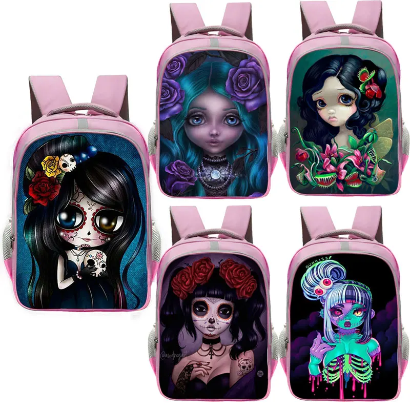 

Cartoon Gothic Girl print pink school bag for Teenagers Girls Children backpack Women Rucksack Student Canvas School Backpacks