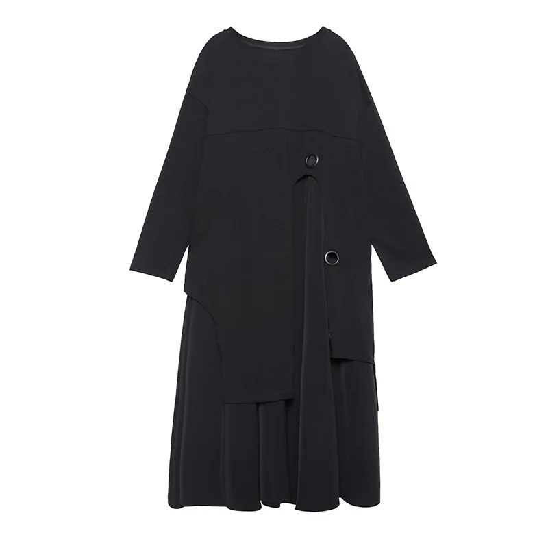 

Johnature 2021 New O-neck Full Sleeve Loose Long Women Dresses Spring Fashion Streetwear Solid Color Patchwork Female Dress