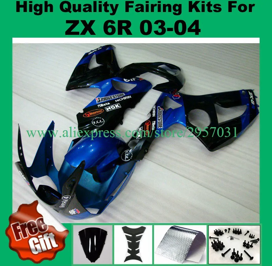 

Free screws+gifts Injection mold Fairing kit for KAWASAKI Ninja ZX6R 636 03 04 ZX 6R 2003 2004 Fairings set Black Blue R324