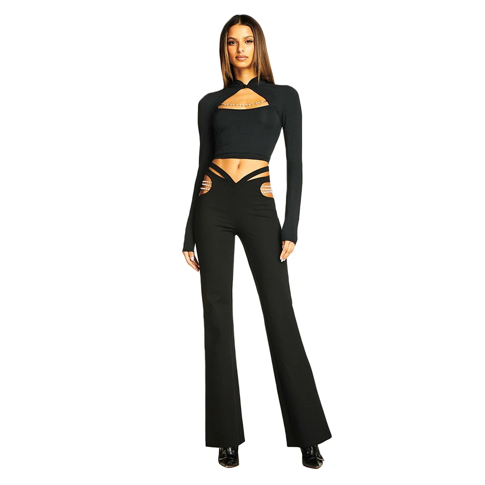 

2021 New Arrival Women Bandage Sets Two Piece Set Top And Pants Sexy Beading Autumn 2 Pieces Set Clothes
