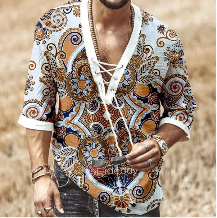 

Men's Clothing African New Fashion Men's Summer Chest Lace Short-sleeved Printed Shirt Casual V-neck Men's Formal Shirt