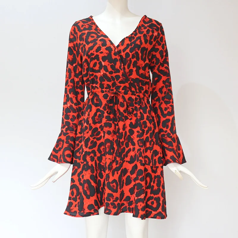 

Sexy V Neck Mini Dress Women Flare Long Sleeve Leopard Print A Line Dresses 2021 Spring Summer New Arrival Vestito Da Donna Y2k