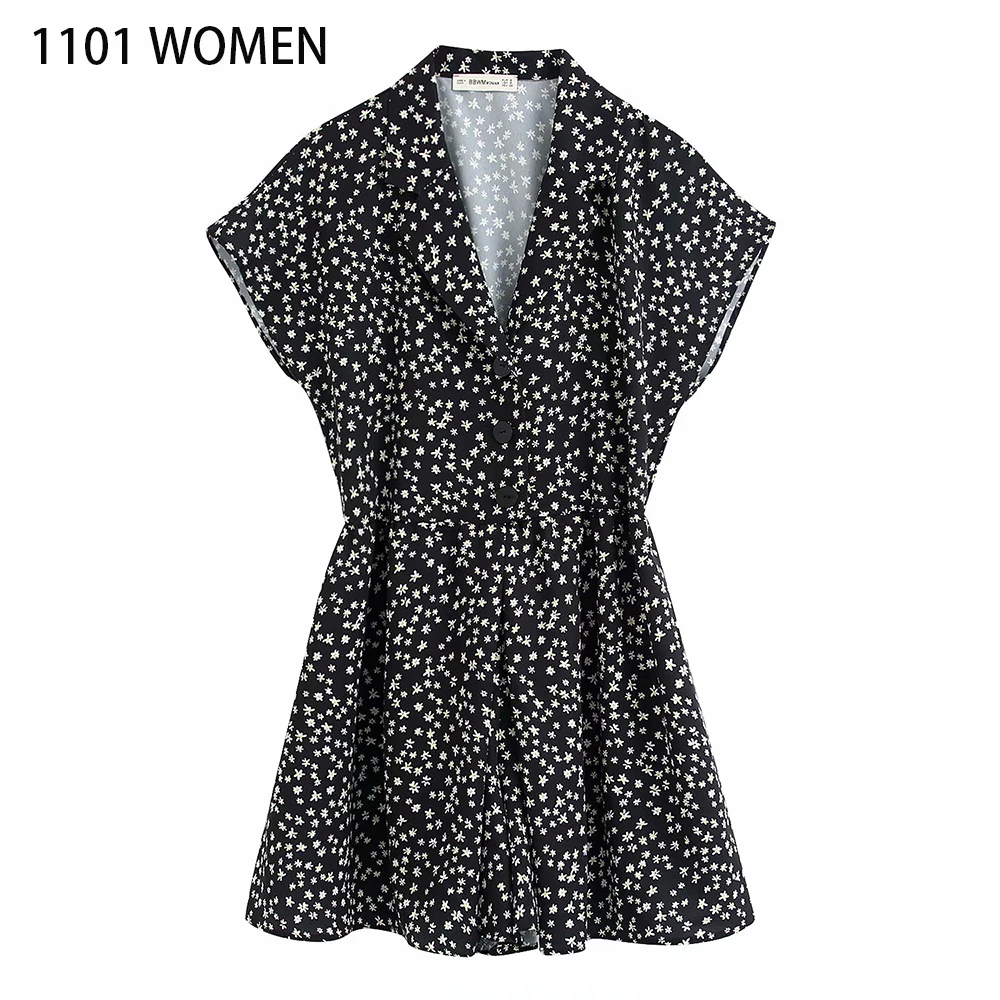 Женский комбинезон на пуговицах черный или белый с принтом V образным вырезом и