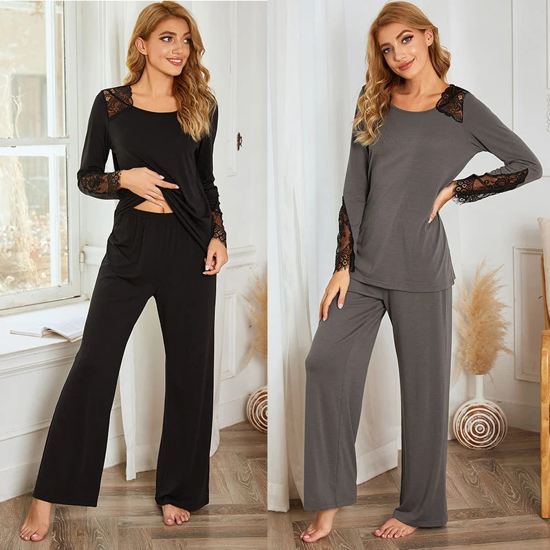 

Spring / Summer Sexy Pajamas Black Lace Pajamas With Pants Loose Intimate Lingerie Sleepwear Women Pj Set