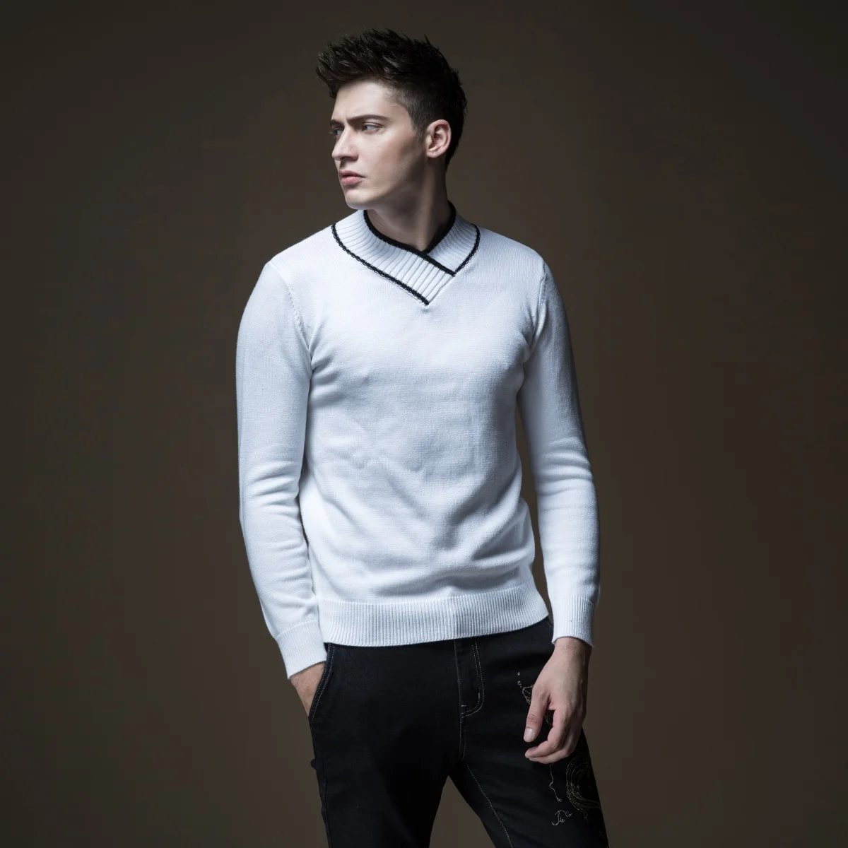 

Pinli 2020 Winter New Discount Clearance Slim Elastic V-neck Solid Pullovers Fashion High Quality Casual Men Long Sleeve Sweater
