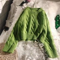 2021 autumn new short twist sweater womens solid color pullover sweater shirt cotton vintage solid o neck