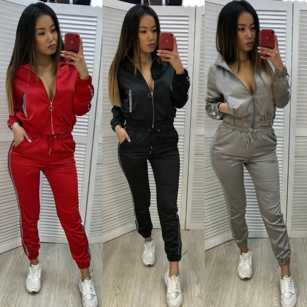 

2020 Sale Drawstring Full Women's Suit Stylish Minimalist Zipper Top And Leggings Polyester Splicing Casual 2-piece Set