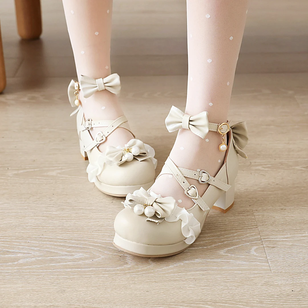 Women Mary Janes Cute Lolita Shoes Classics Ladies Block High Heels Ankle Strap Dress Pumps Bow Lace Round Toe with Pearl 2021
