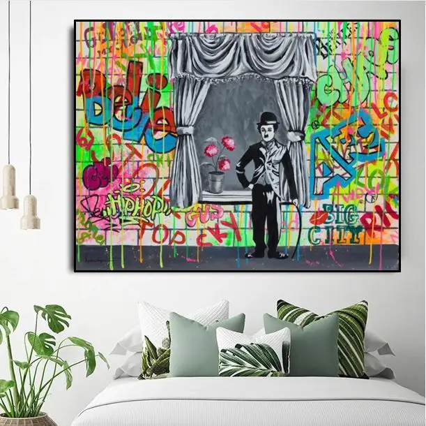 Граффити Рисование фигурок фильмов звезды Чарли Чаплин масляная живопись