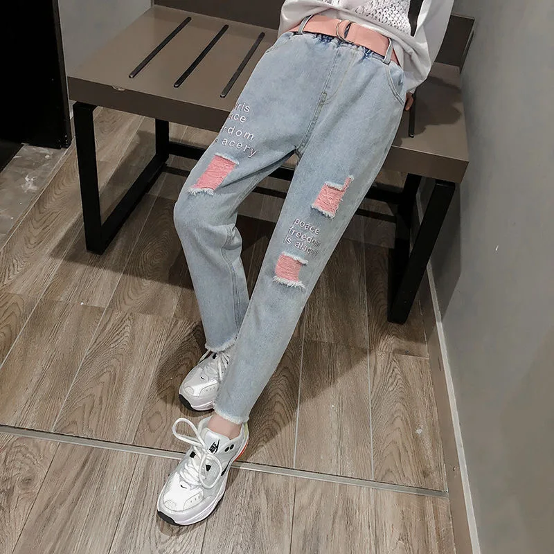 Джинсы для девочек 3 13 лет модные эластичные штаны карандаш из денима с дырками