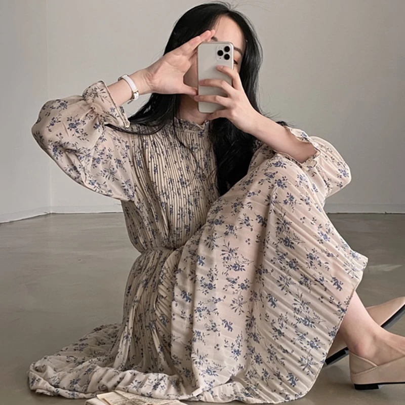 

Женское винтажное платье с цветочным принтом, свободное элегантное платье миди с длинным рукавом, рюшами и высокой талией, весна-лето 2021