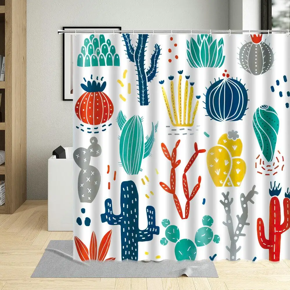 

Modern Cartoon Cactus Shower Curtain Tropical Plants Pattern Botany Bathroom Decor Curtains Printed Polyester Fabric With Hooks