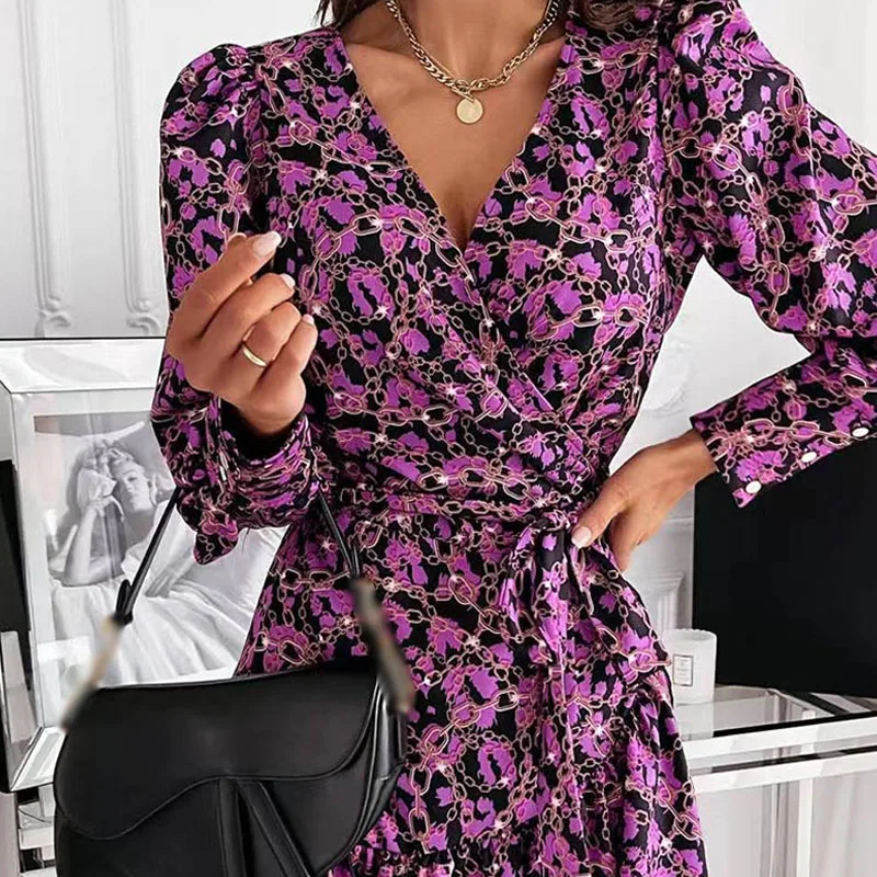 

V-Neck High Waist Ruffles Lantern Sleeve Lace Up Dress Women's Mini Heart Print Dresses Female 2021 Spring Elegant Lady Vestidos