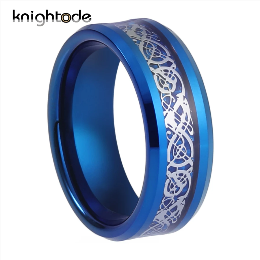 Обручальное кольцо из голубого карбида вольфрама 8 мм с серебристым