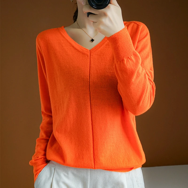 

zocept new fashion spring autumn womens sweater 100% wool worsted knit V-neck orange pullover Female casual street solid jumper