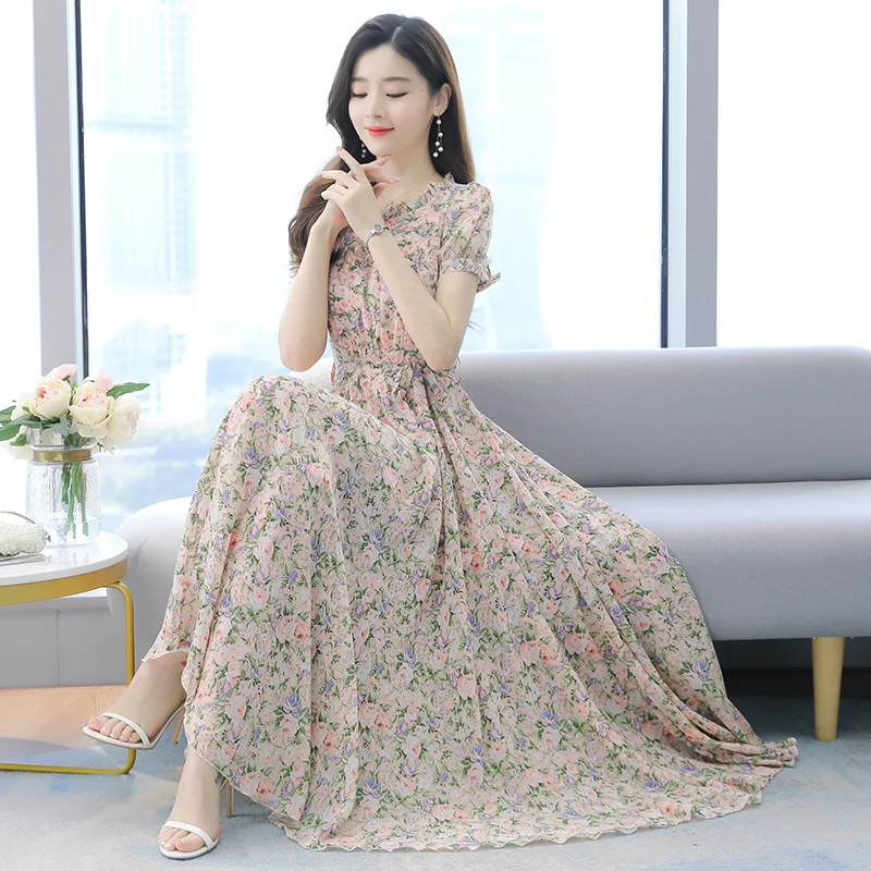 

Women Maxi Floral Chiffon Dress Summer 2021 Boho Retro Elegant Casual Party Night Vacation Fairy Runway Long Vestidos Korean New