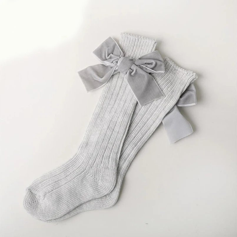 light grey Широкие вельветовые Гольфы с бантом из ленты для девочек, носки для малышей, длинные носки осенние детские носки рождественские носки для детей от 0 до 6 лет - Цвет: light grey