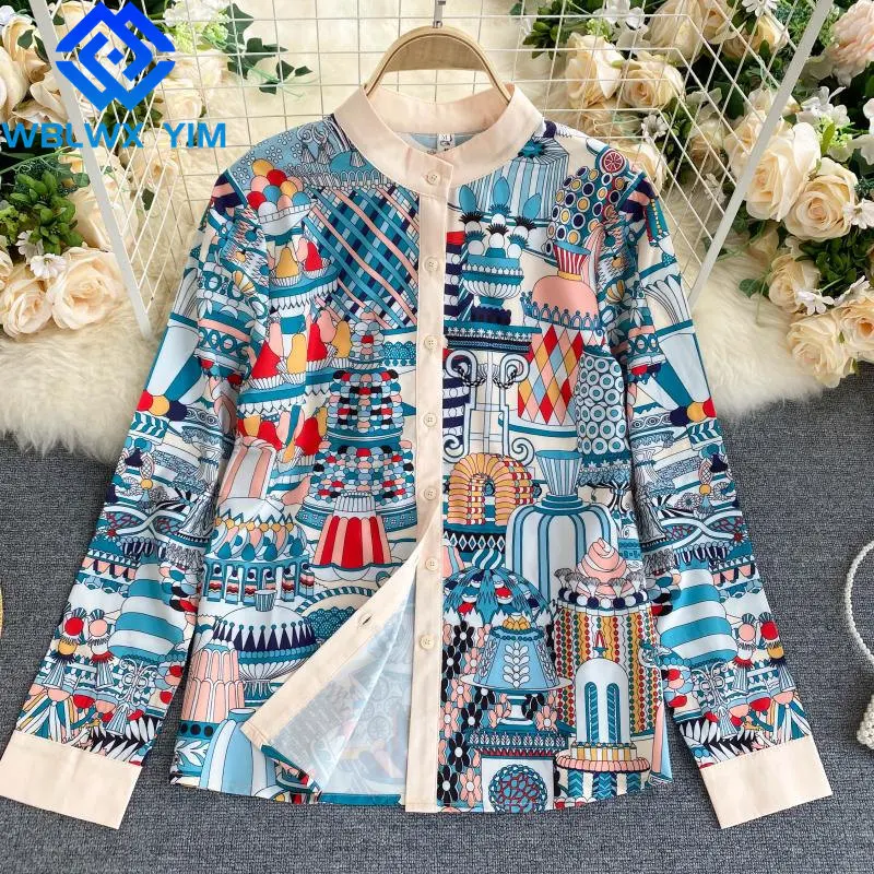 

Spring Womens Tops and Blouses Fashion Cartoon Print Long Sleeve Shirt Female Loose Casual Shirts Stand Collar Blouse 2021 New