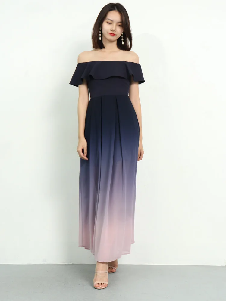 Женское вечернее платье с оборками шифоновое без бретелек открытыми плечами