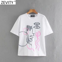 zevity new 2021 women basic o neck short sleeve casual slim t shirt female abstract girl appliques chic knit summer tops ls9081