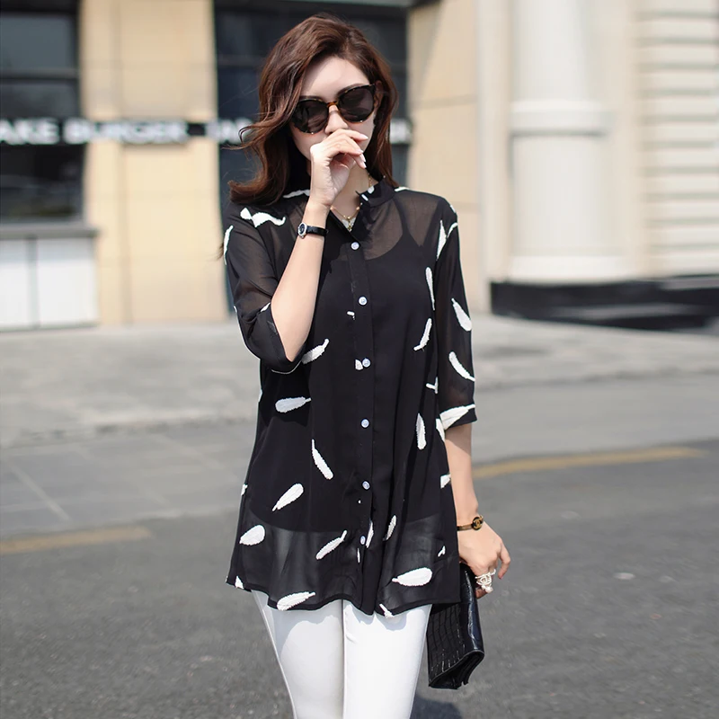 

Женская шифоновая рубашка средней длины, просторная Корейская блузка с коротким рукавом и увеличенной вышивкой, 2020