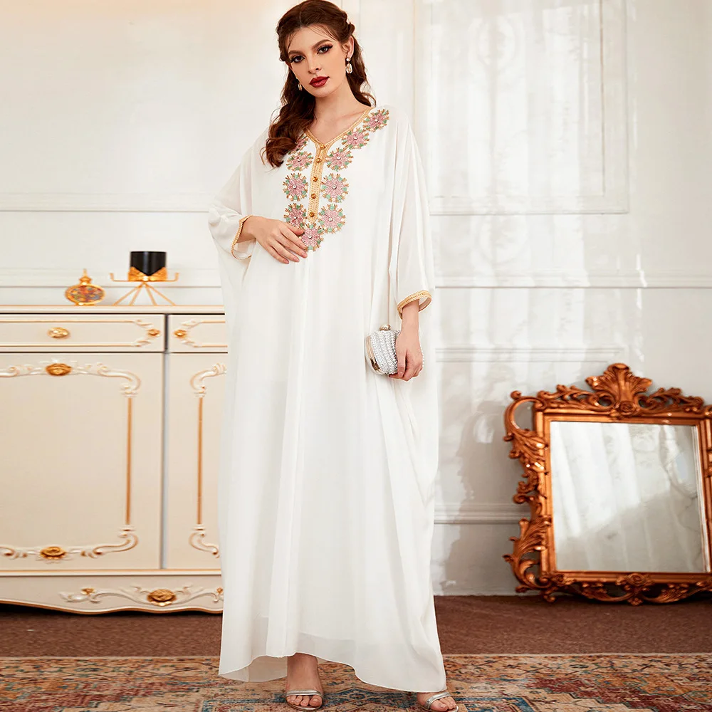 Женское длинное платье с вышивкой Дубай, белое мусульманское платье, турецкое марокканское платье, мусульманская одежда