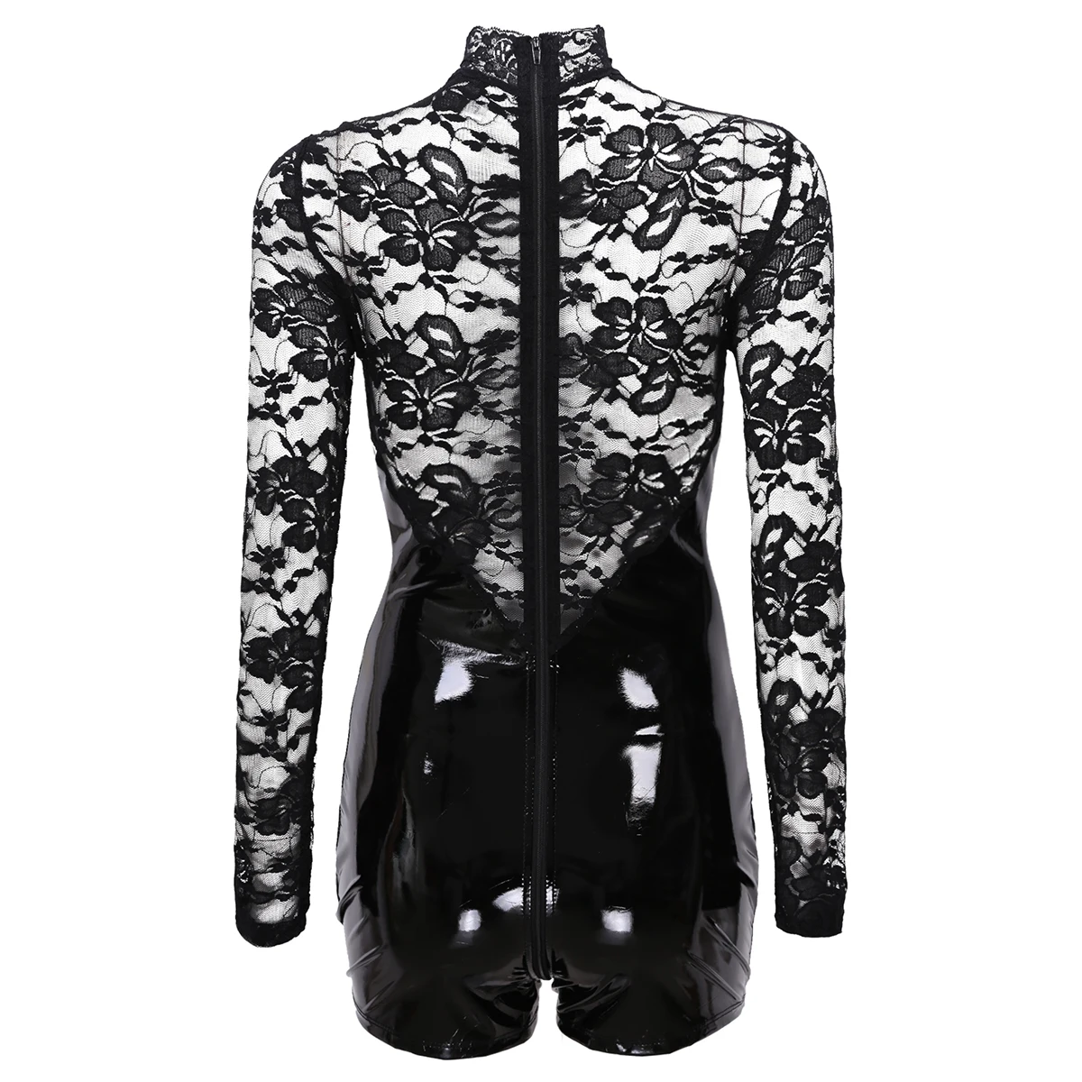 Комбинезон женские Комбинезоны Wetlook из лакированной кожи с кружевом в стиле пэчворк, с высоким воротом, с длинными рукавами, на двойной молнии, трико, боди