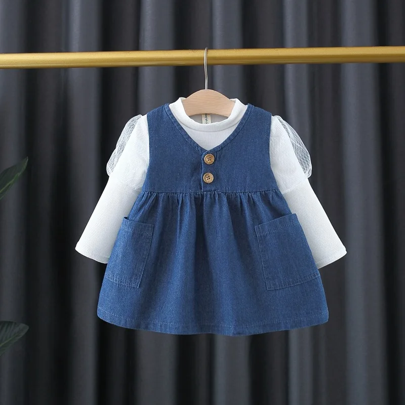 

Baby Girls Sweet T-shirt+ Cowboy Dress 2pcs Sets Child Princess Dress Suit Spring Autumn Children's Clothes Kids