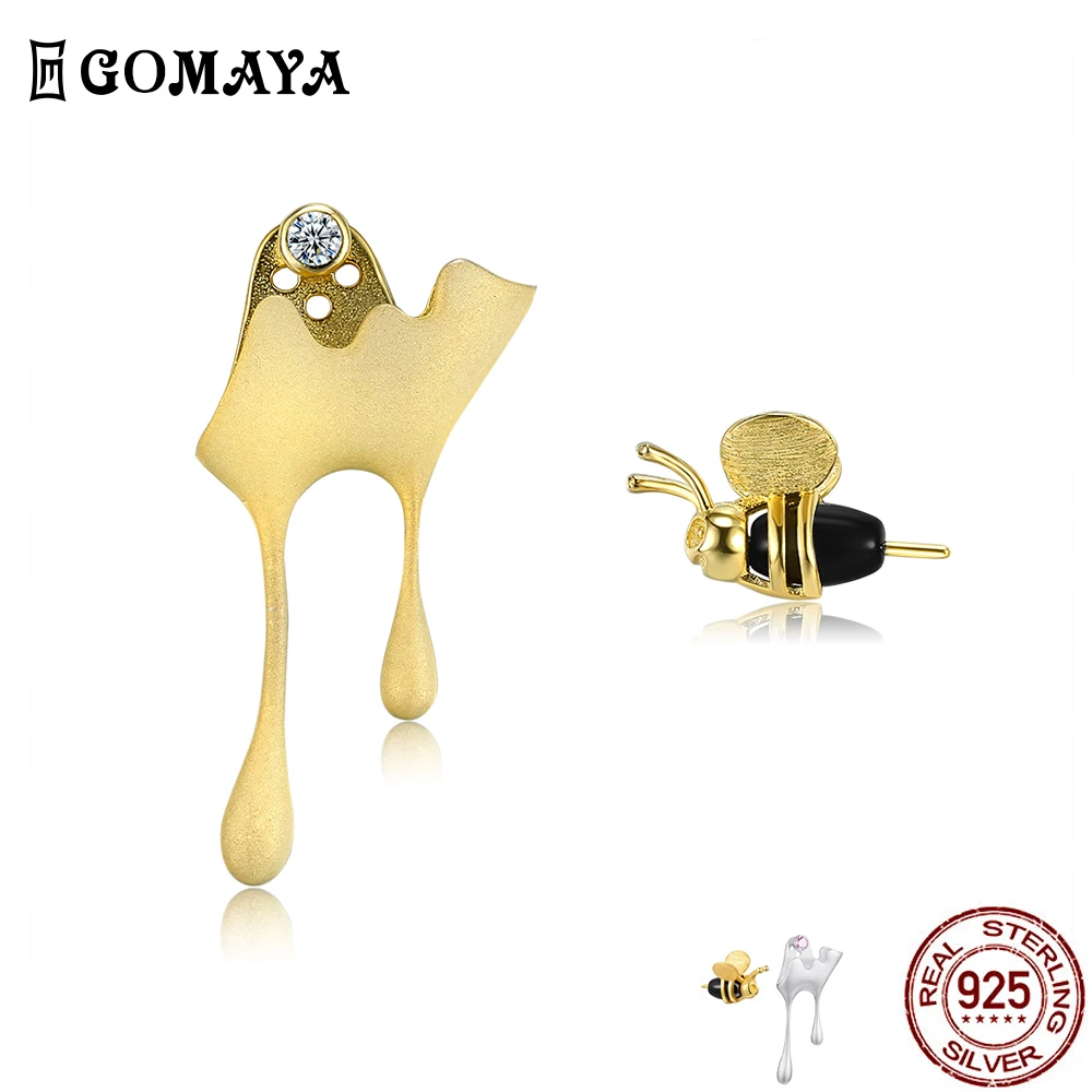 

GOMAYA Cute Bee 925 Sterling Silver Stud Earrings For Women 5A Clear Cubic Zirconia And Agate Stone Earring Party Fine Jewelry