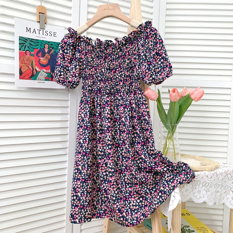 

2021 Summer New Sweet and Versatile Off-the-shoulder One-way Neck Floral Ear Folds Slim Dress Women